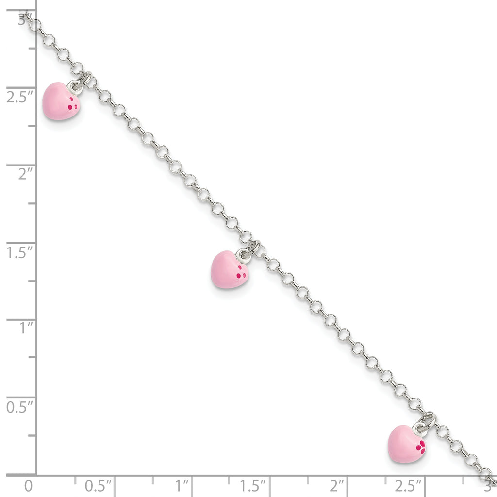 Sterling Silver Polished Pink Enameled Hearts Children's Bracelet