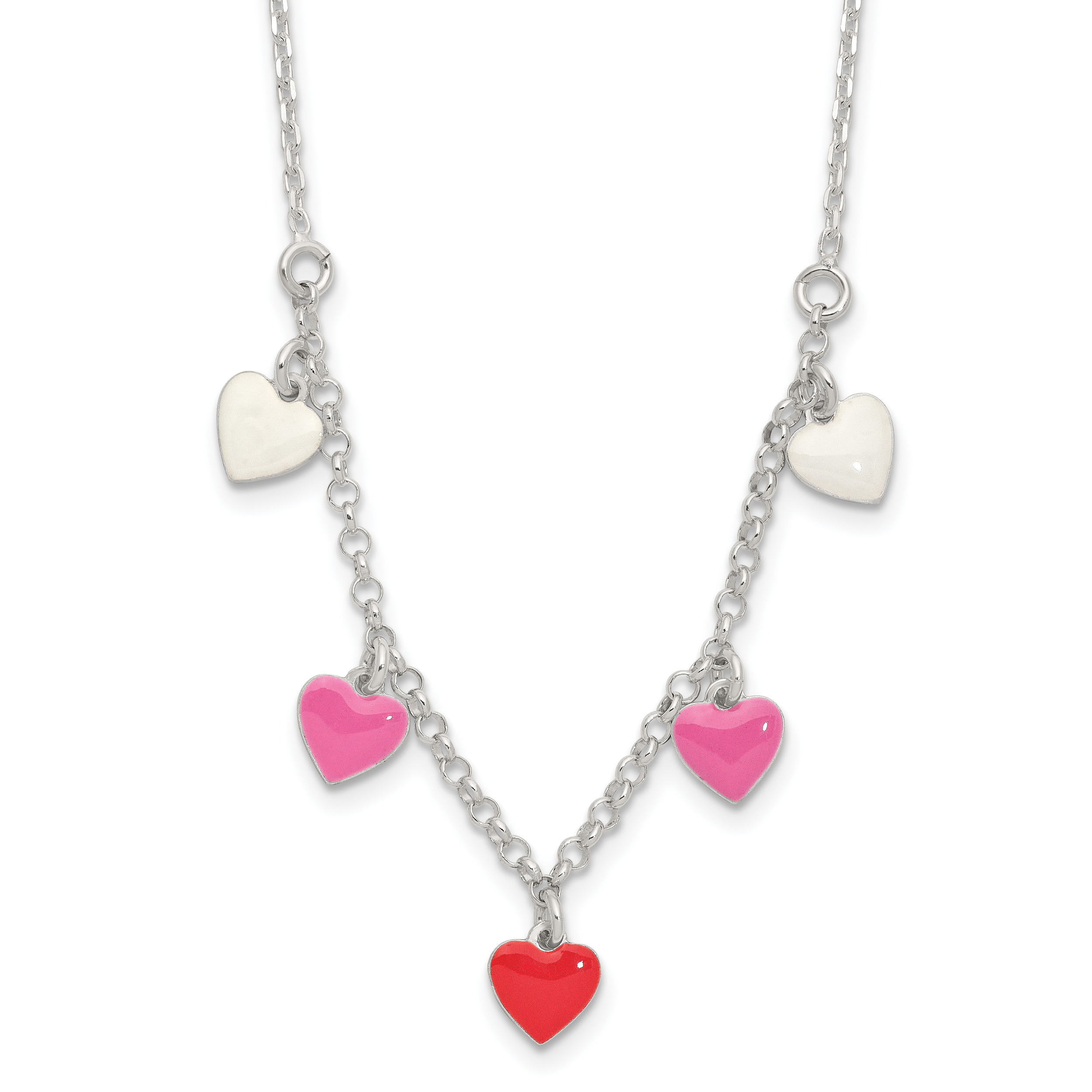 Sterling Silver Polished Pink/Red/White Enamel Heart Children's Necklace Main image