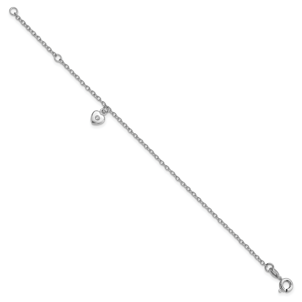 Sterling Silver RH-plated Polished CZ Heart With  1in ext. Children's Bracelet