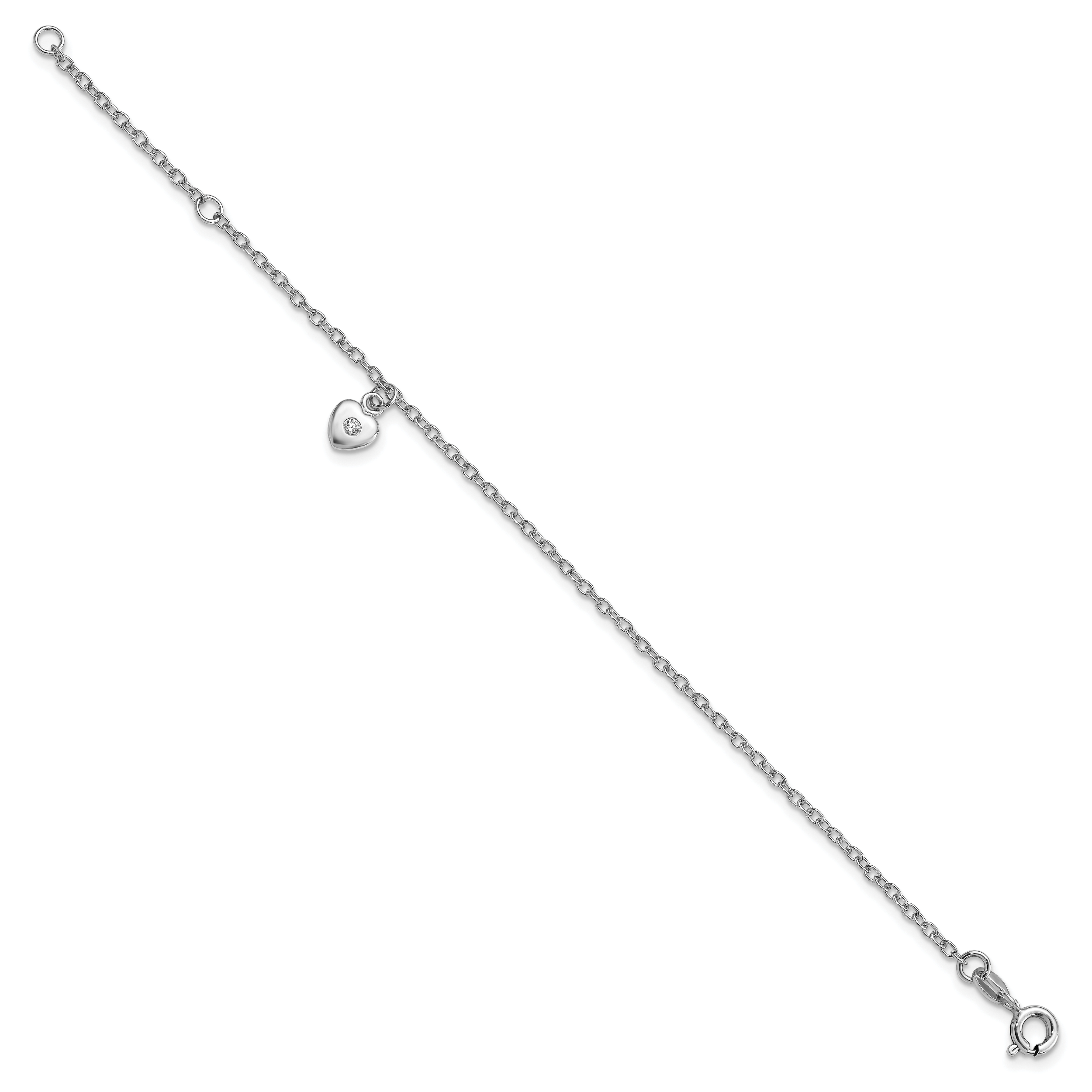 Sterling Silver RH-plated Polished CZ Heart With  1in ext. Children's Bracelet