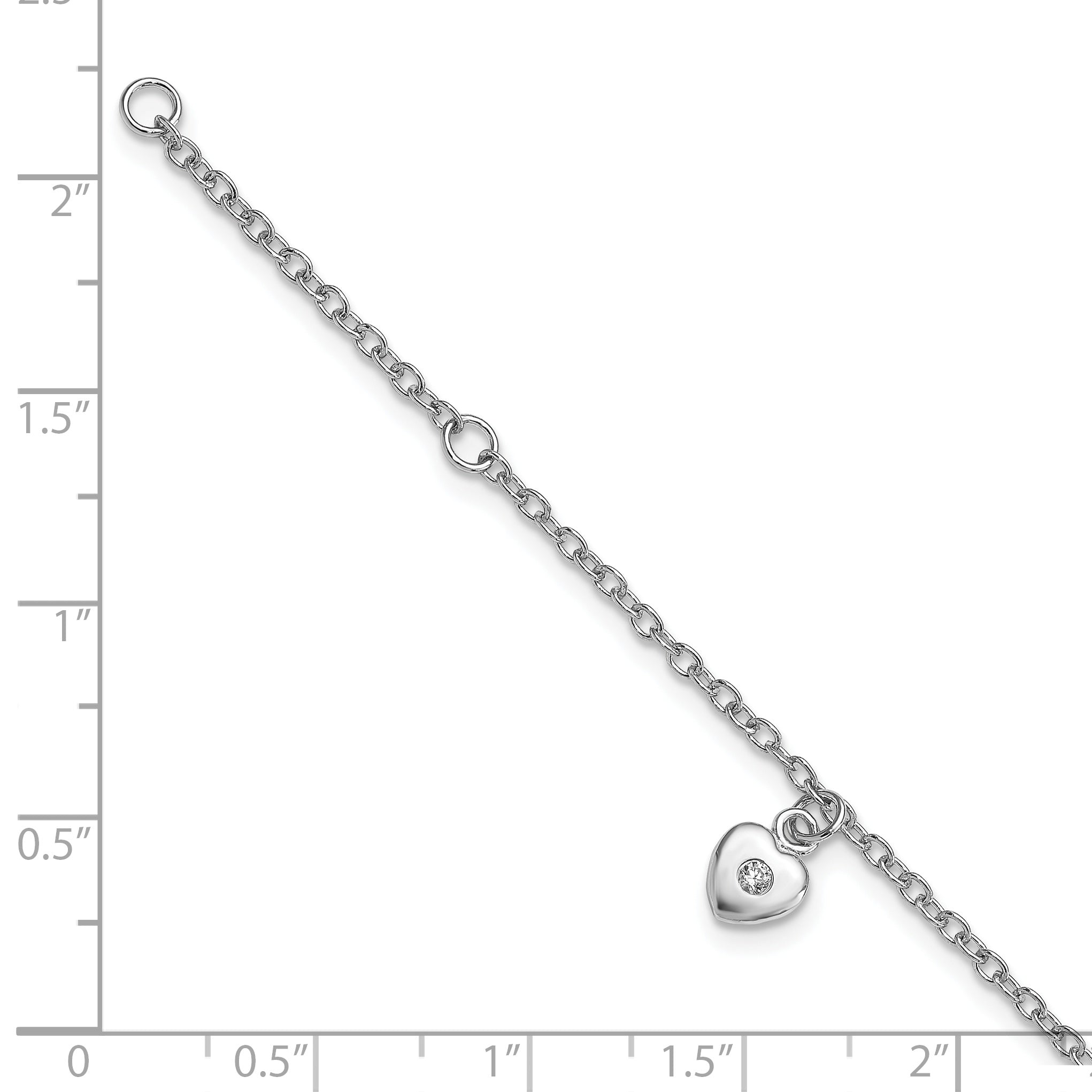 Sterling Silver RH-plated Polished CZ Heart With  1in ext. Children's Bracelet