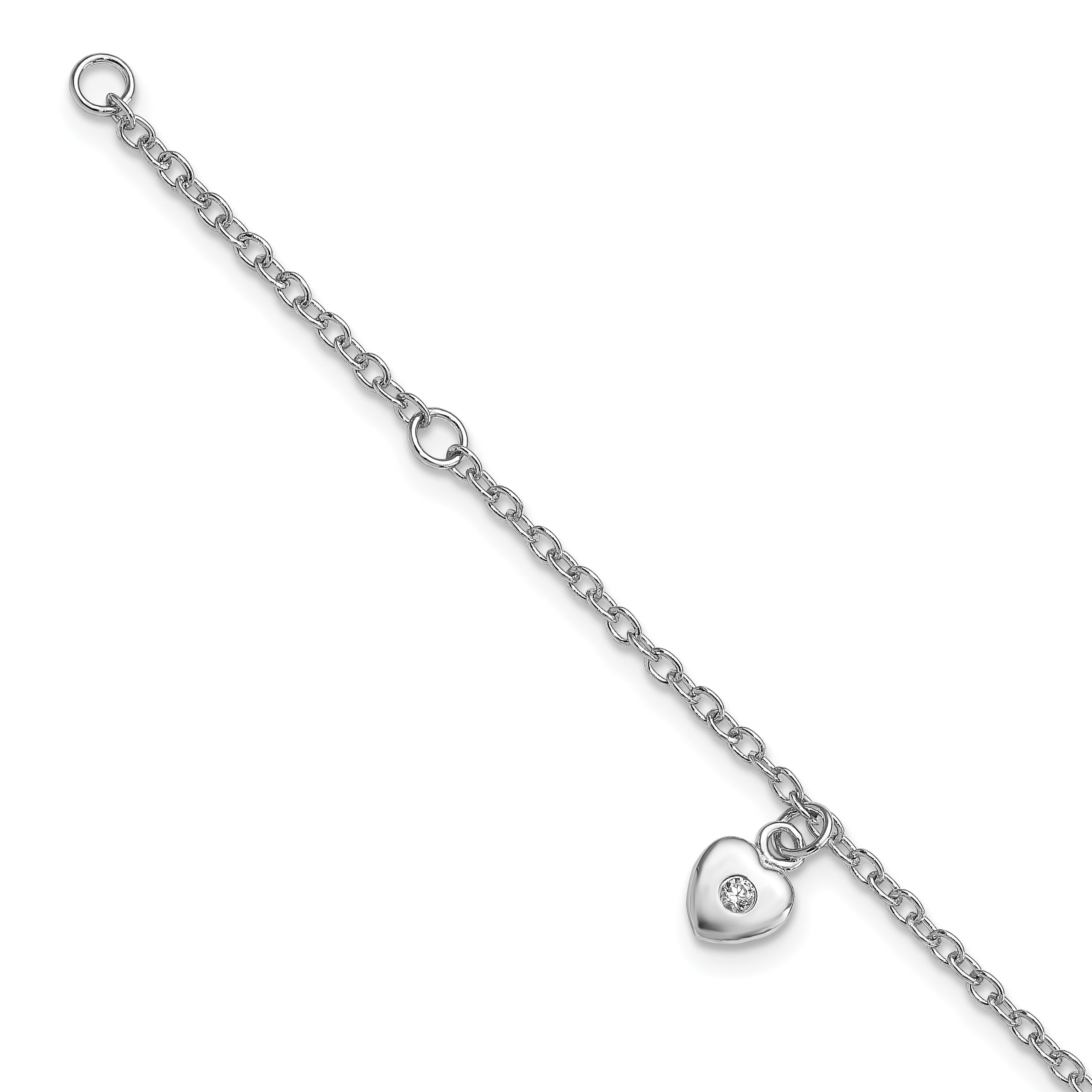 Sterling Silver RH-plated Polished CZ Heart With  1in ext. Children's Bracelet