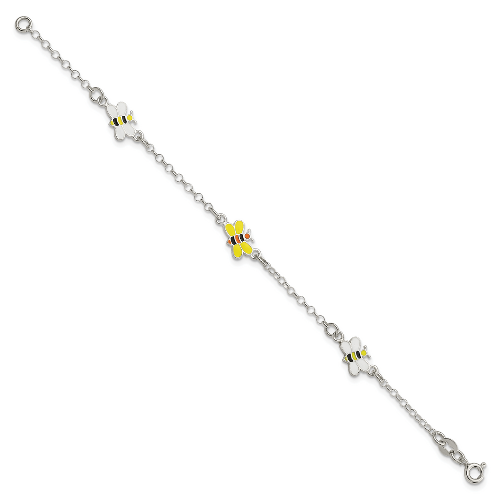 Sterling Silver Polished and Enameled Bees Plus Extension Children's Bracelet