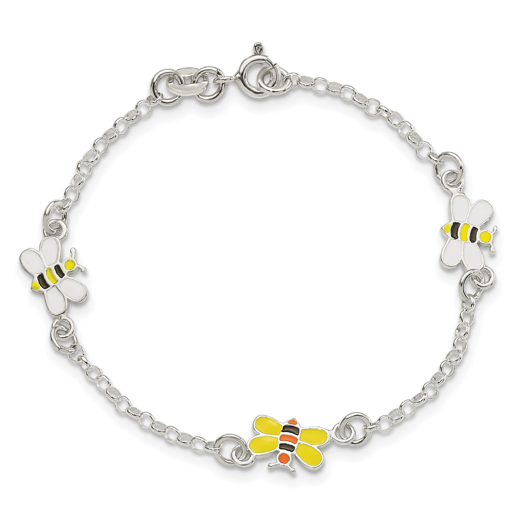 Sterling Silver Polished and Enameled Bees Plus Extension Children's Bracelet