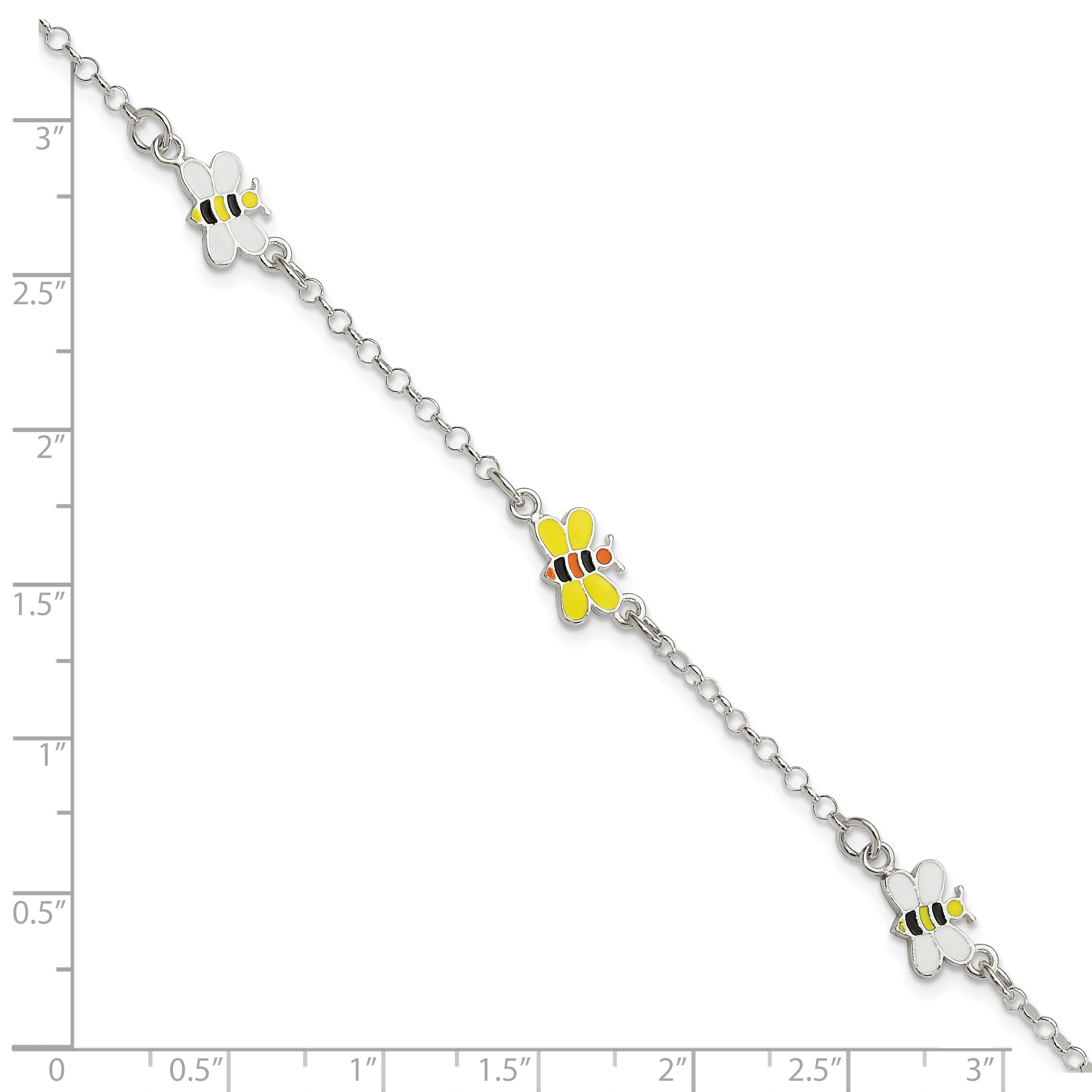 Sterling Silver Polished and Enameled Bees Plus Extension Children's Bracelet