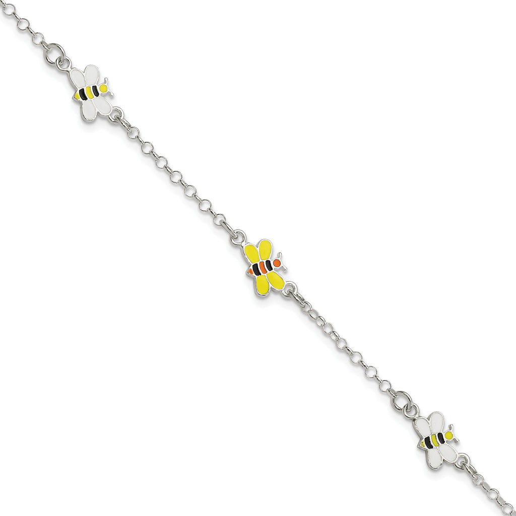 Sterling Silver Polished and Enameled Bees Plus Extension Children's Bracelet