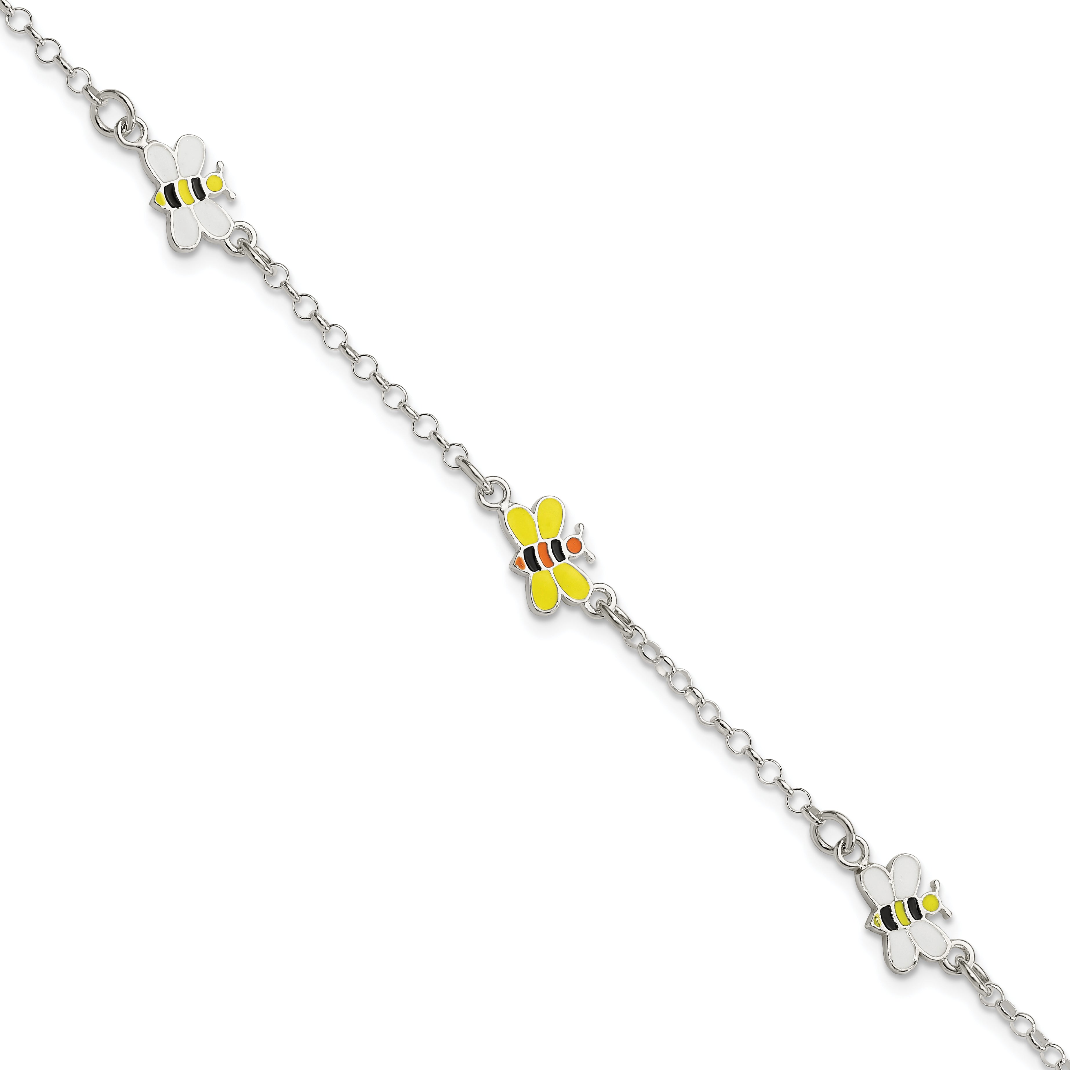Sterling Silver Polished and Enameled Bees Plus Extension Children's Bracelet