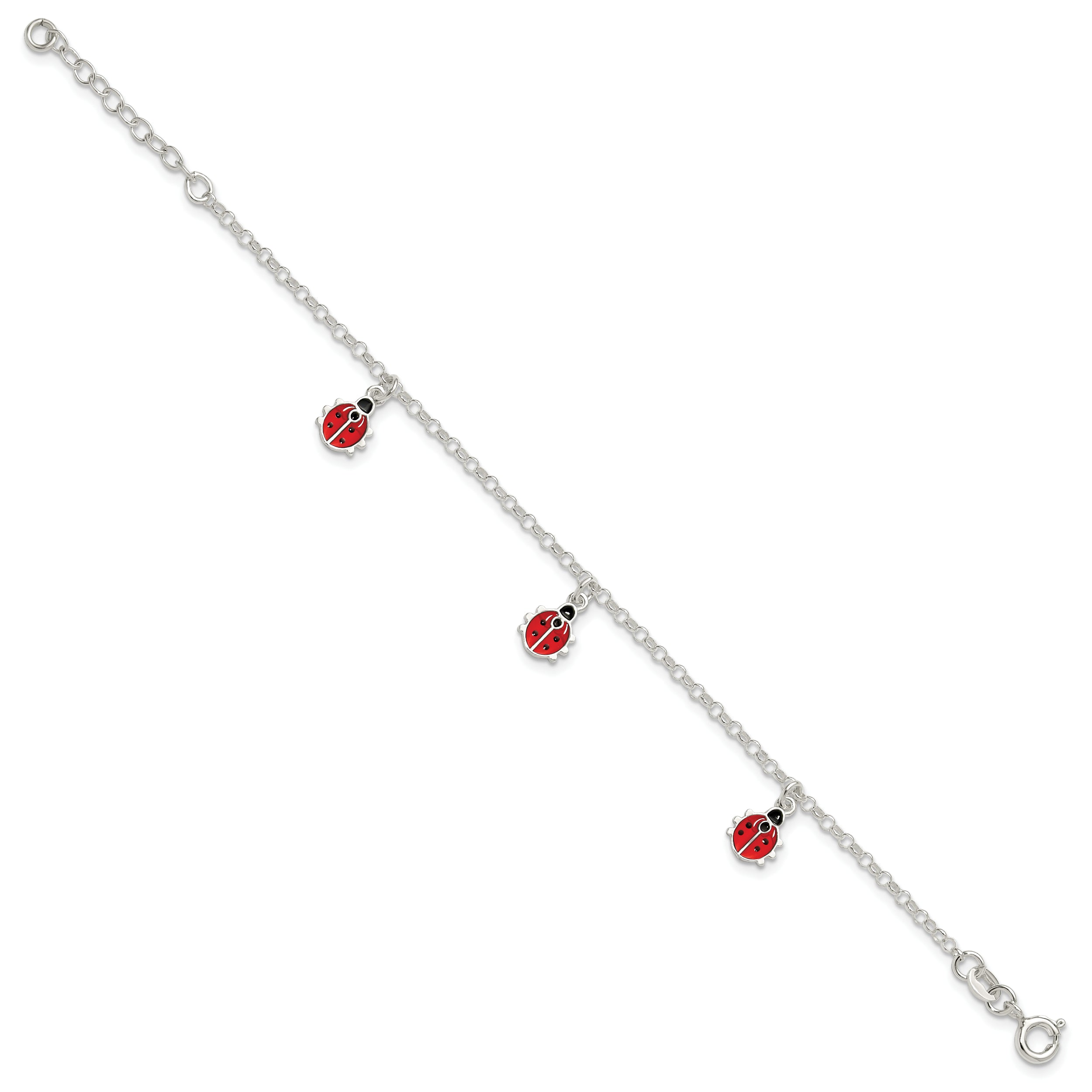Sterling Silver Polished Enameled Ladybugs With  1in ext. Children's Bracelet
