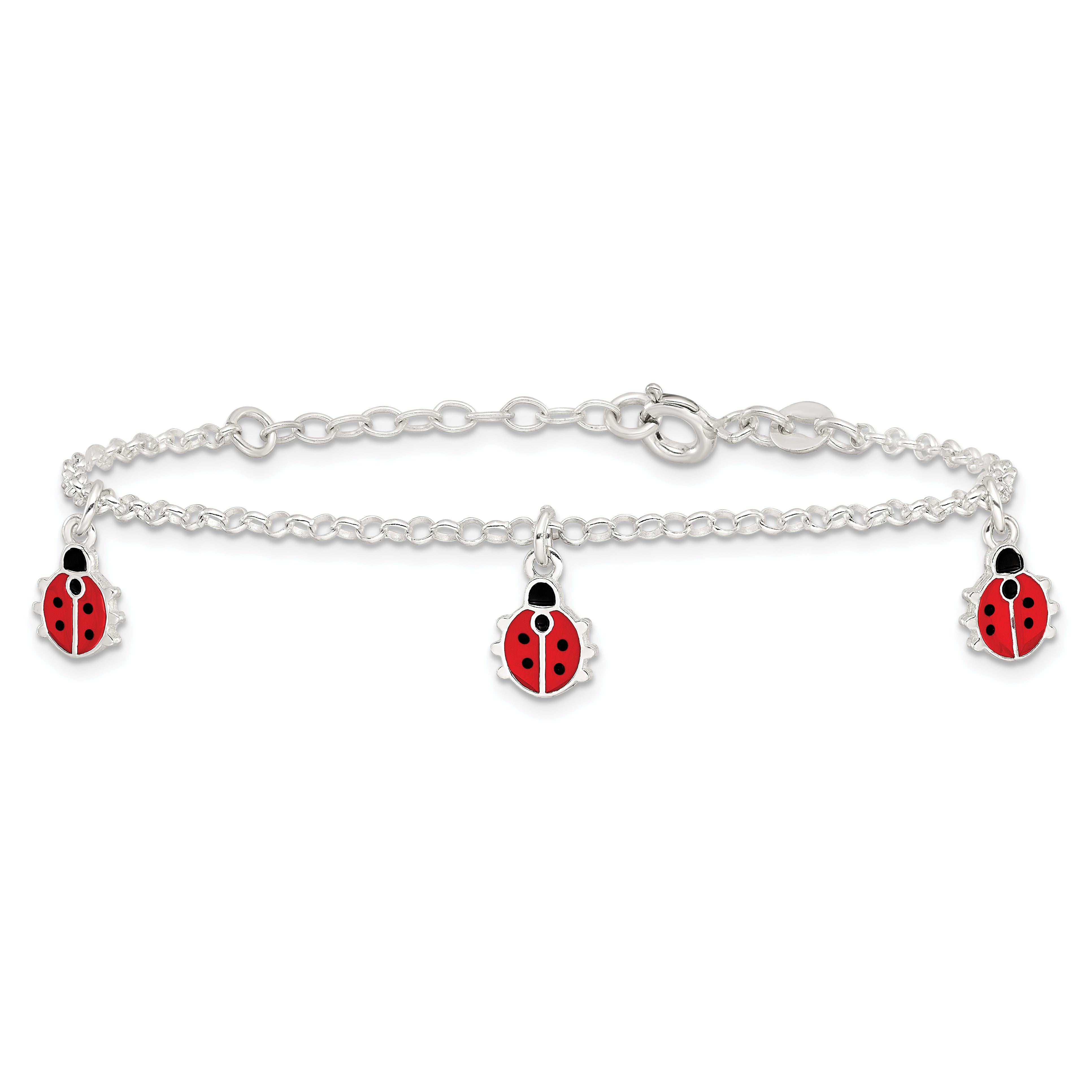 Sterling Silver Polished Enameled Ladybugs With  1in ext. Children's Bracelet