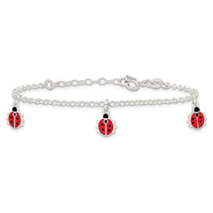 Sterling Silver Polished Enameled Ladybugs With  1in ext. Children's Bracelet