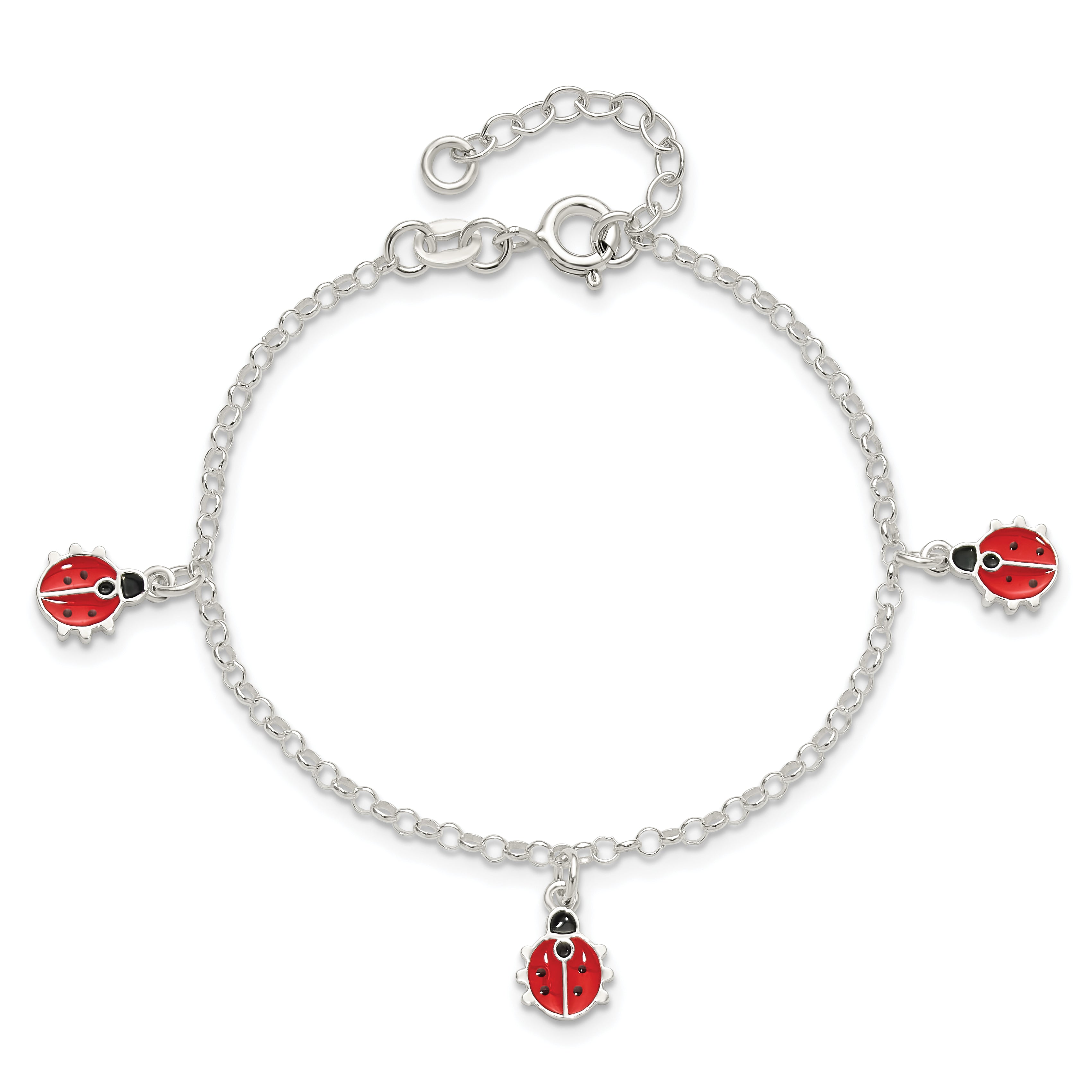 Sterling Silver Polished Enameled Ladybugs With  1in ext. Children's Bracelet