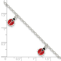 Sterling Silver Polished Enameled Ladybugs With  1in ext. Children's Bracelet