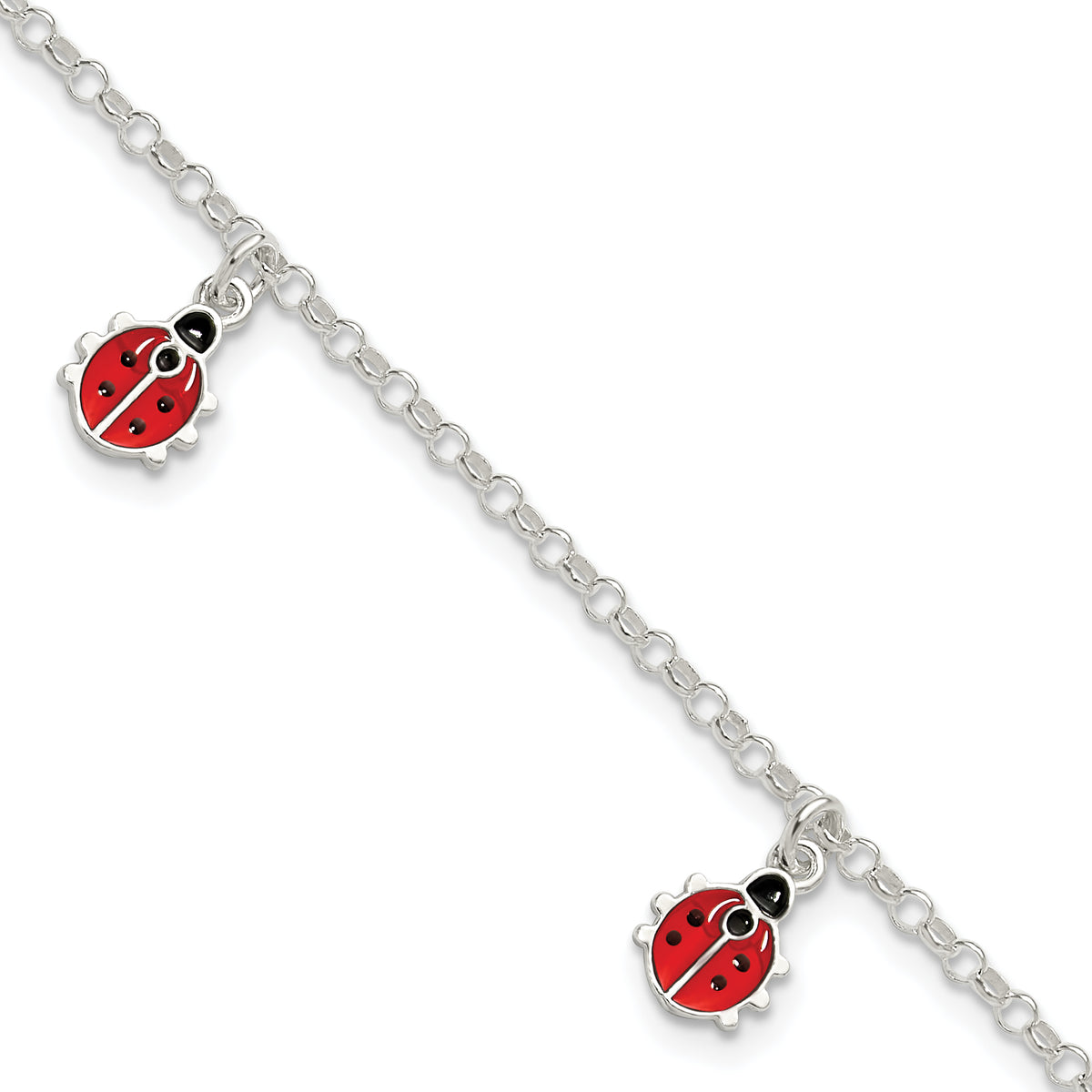 Sterling Silver Polished Enameled Ladybugs With  1in ext. Children's Bracelet