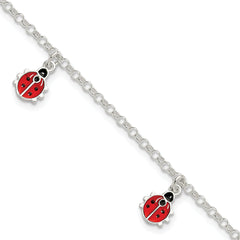 Sterling Silver Polished Enameled Ladybugs With  1in ext. Children's Bracelet