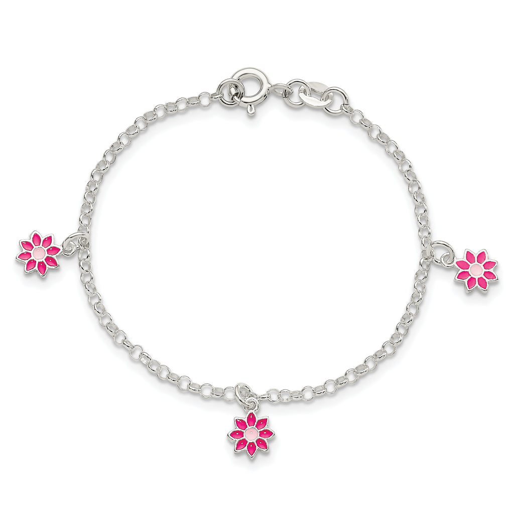 Sterling Silver Polished Pink Enameled Flowers Children's Bracelet