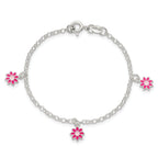 Sterling Silver Polished Pink Enameled Flowers Children's Bracelet