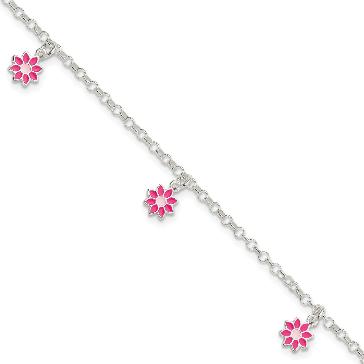 Pink Enameled Dangle Flowers Bracelet in Sterling Silver, 6 Inch - Sophia Jewelers Main image