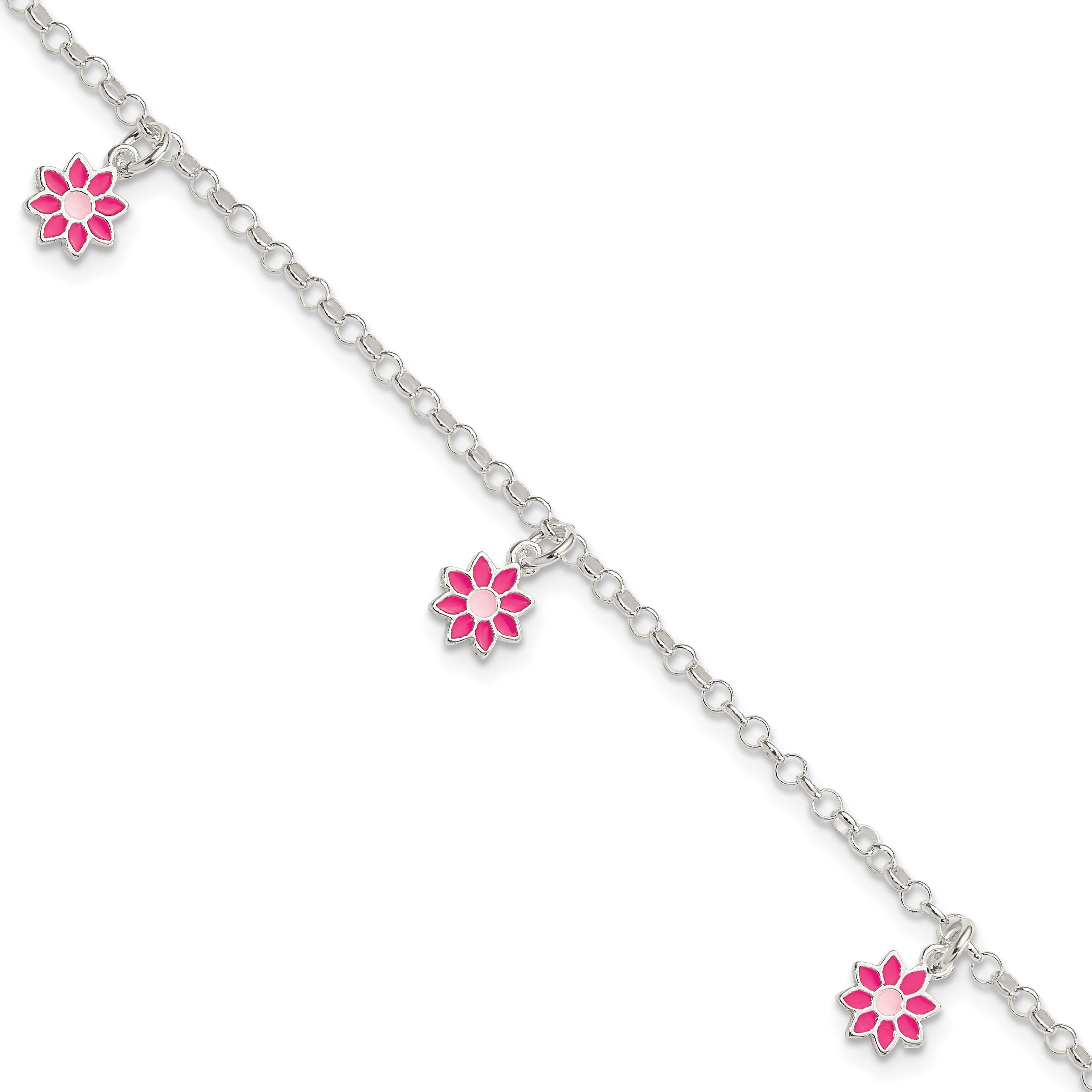 Sterling Silver Polished Pink Enameled Flowers Children's Bracelet Main image