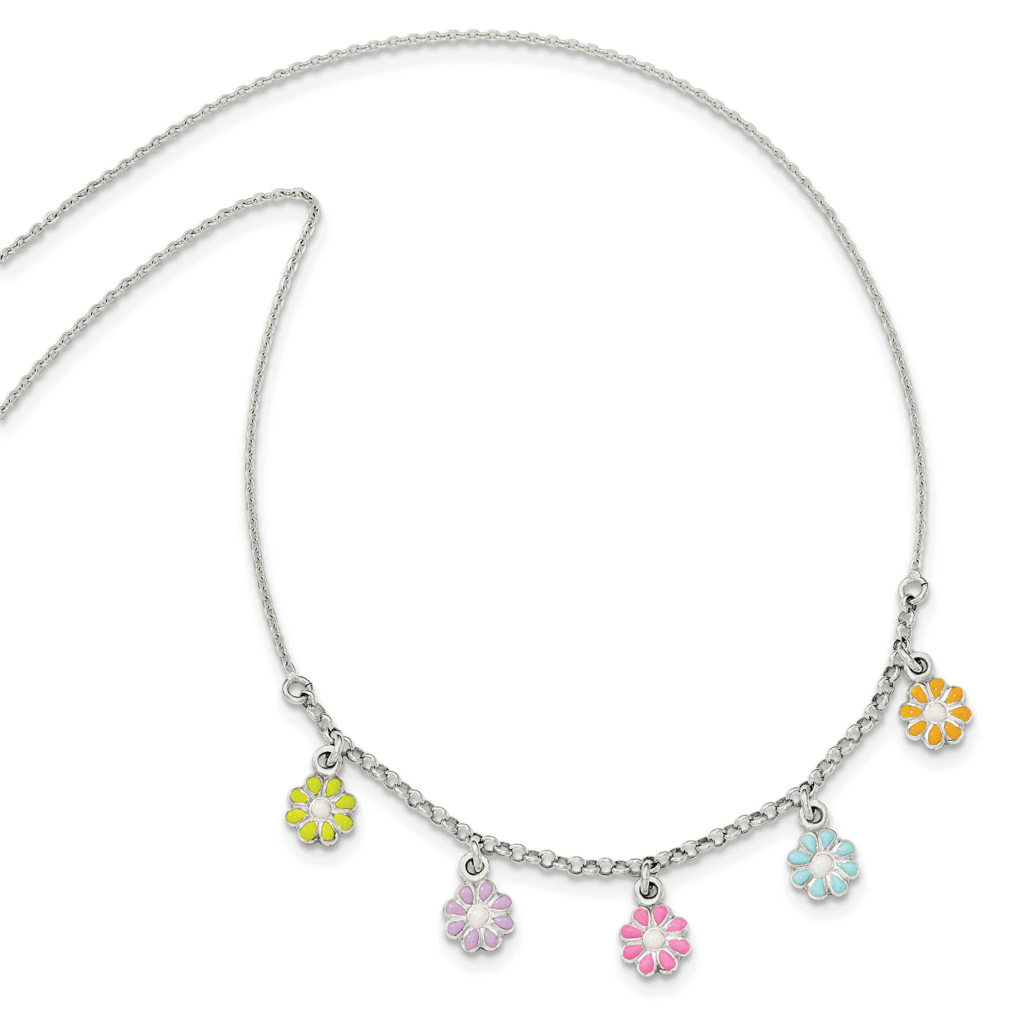 Sterling Silver Polished Multi-color Enameled Flowers Children's Necklace Secondary image