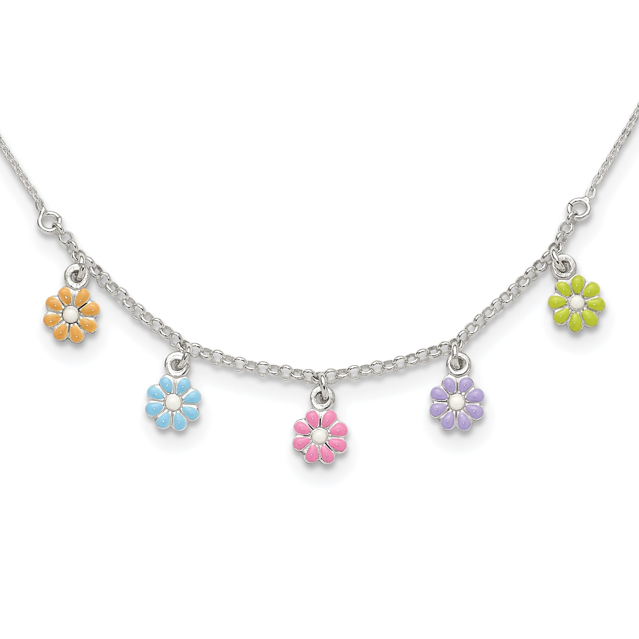Sterling Silver Polished Multi-color Enameled Flowers Children's Necklace Main image