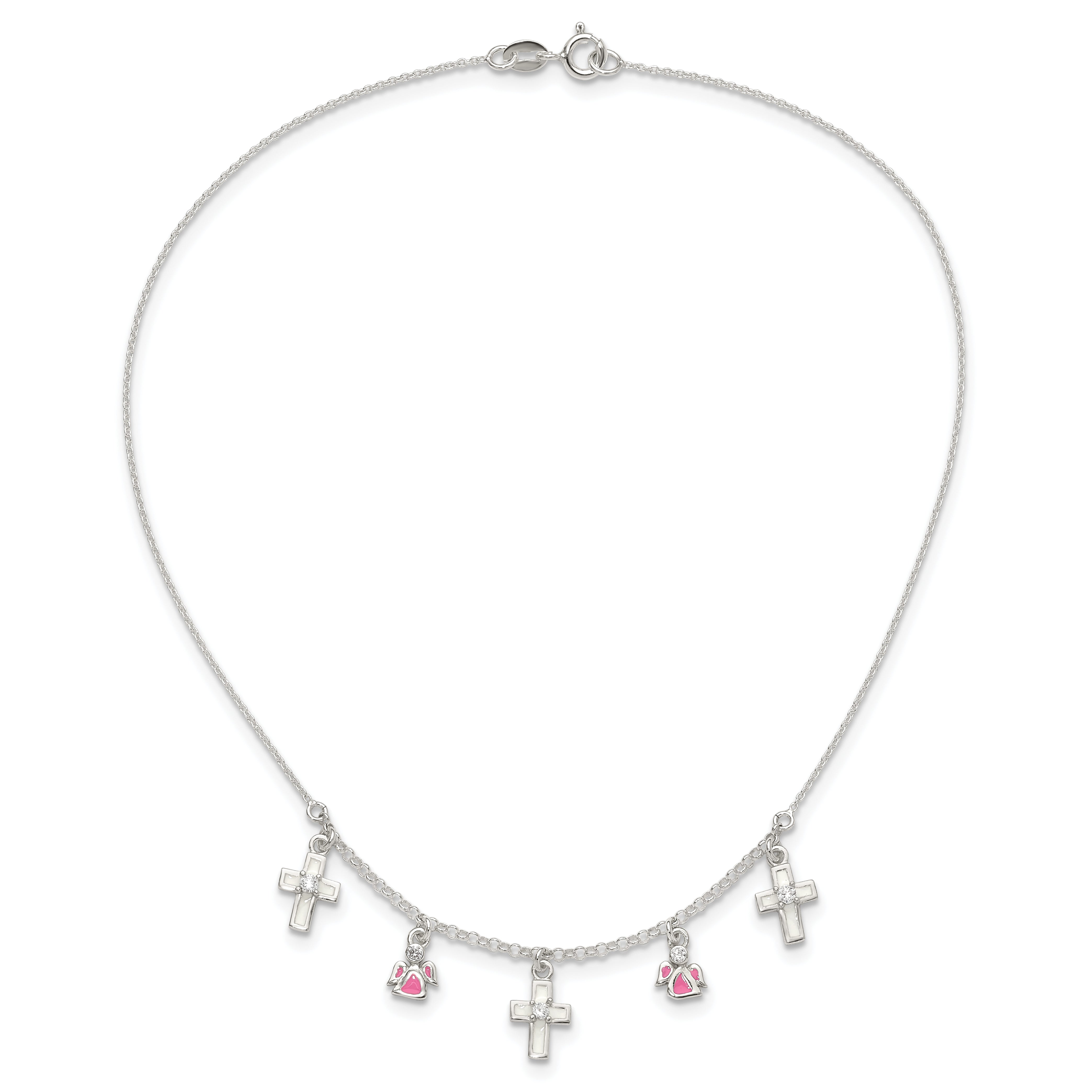 Sterling Silver Polished White & Pink Enameled CZ Cross and Angels Children's Necklace