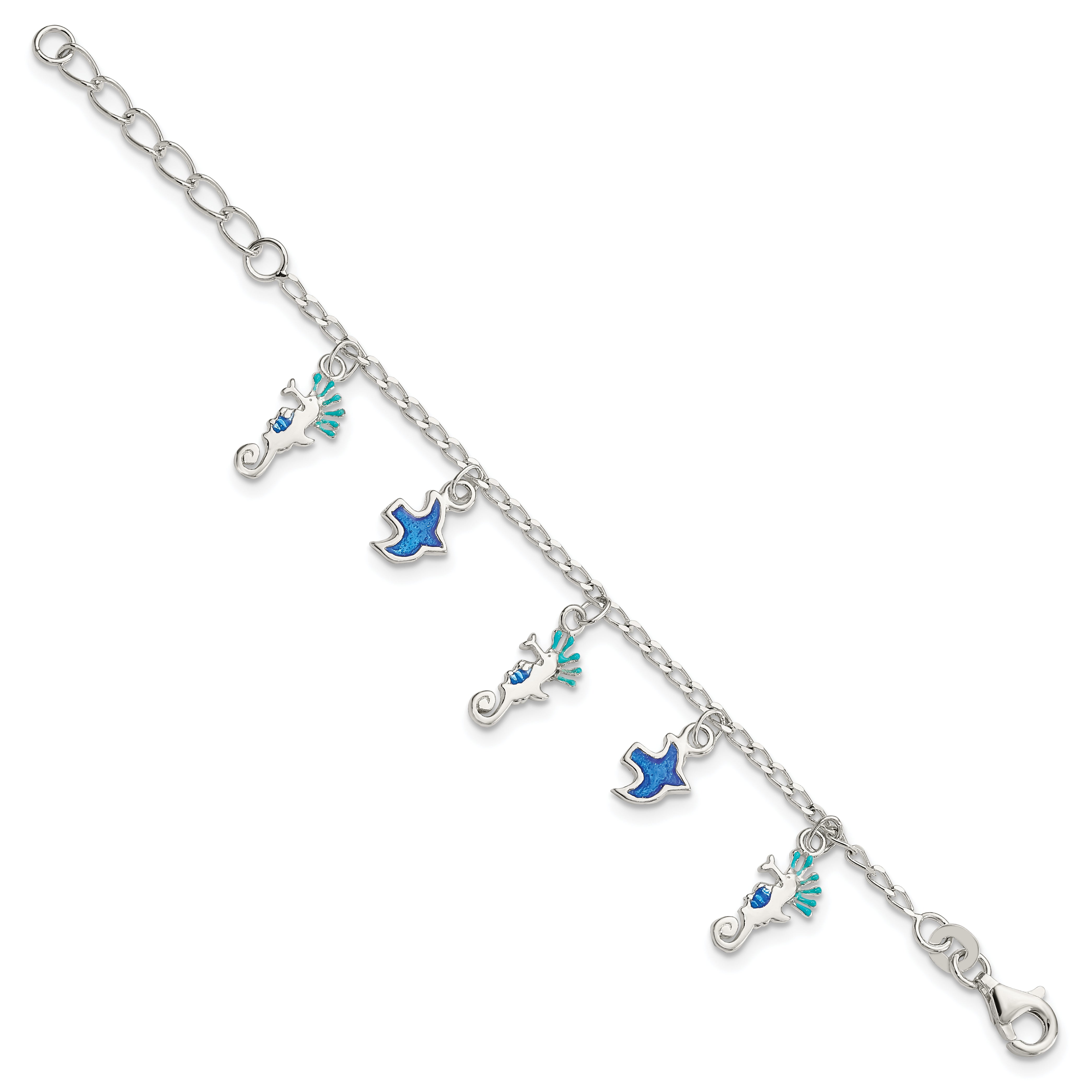 Sterling Silver Enameled Seahorse & Birds With  1in ext. Children's Bracelet