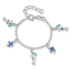 Sterling Silver Enameled Seahorse & Birds With  1in ext. Children's Bracelet