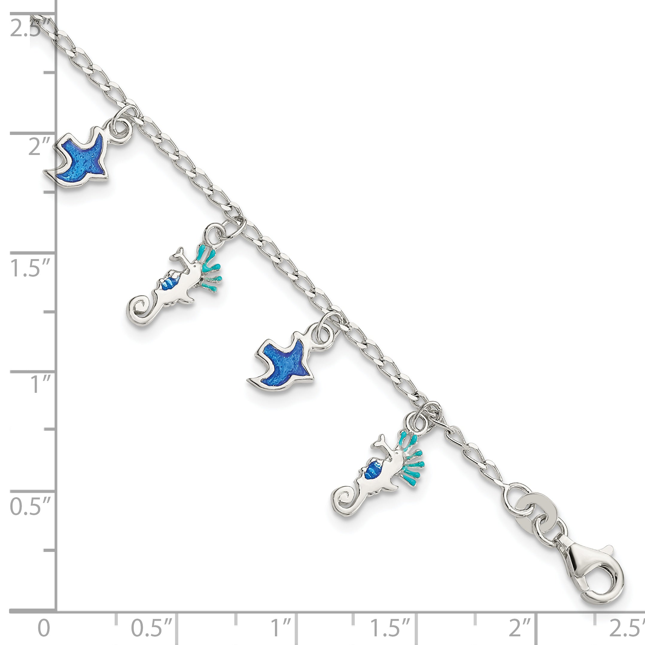 Sterling Silver Enameled Seahorse & Birds With  1in ext. Children's Bracelet