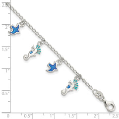 Sterling Silver Enameled Seahorse & Birds With  1in ext. Children's Bracelet