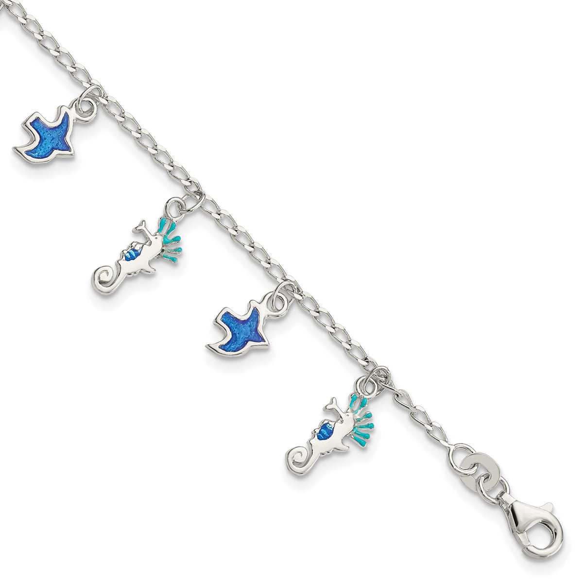 Sterling Silver Enameled Seahorse & Birds With  1in ext. Children's Bracelet