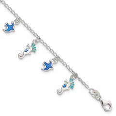 Sterling Silver Enameled Seahorse & Birds With  1in ext. Children's Bracelet