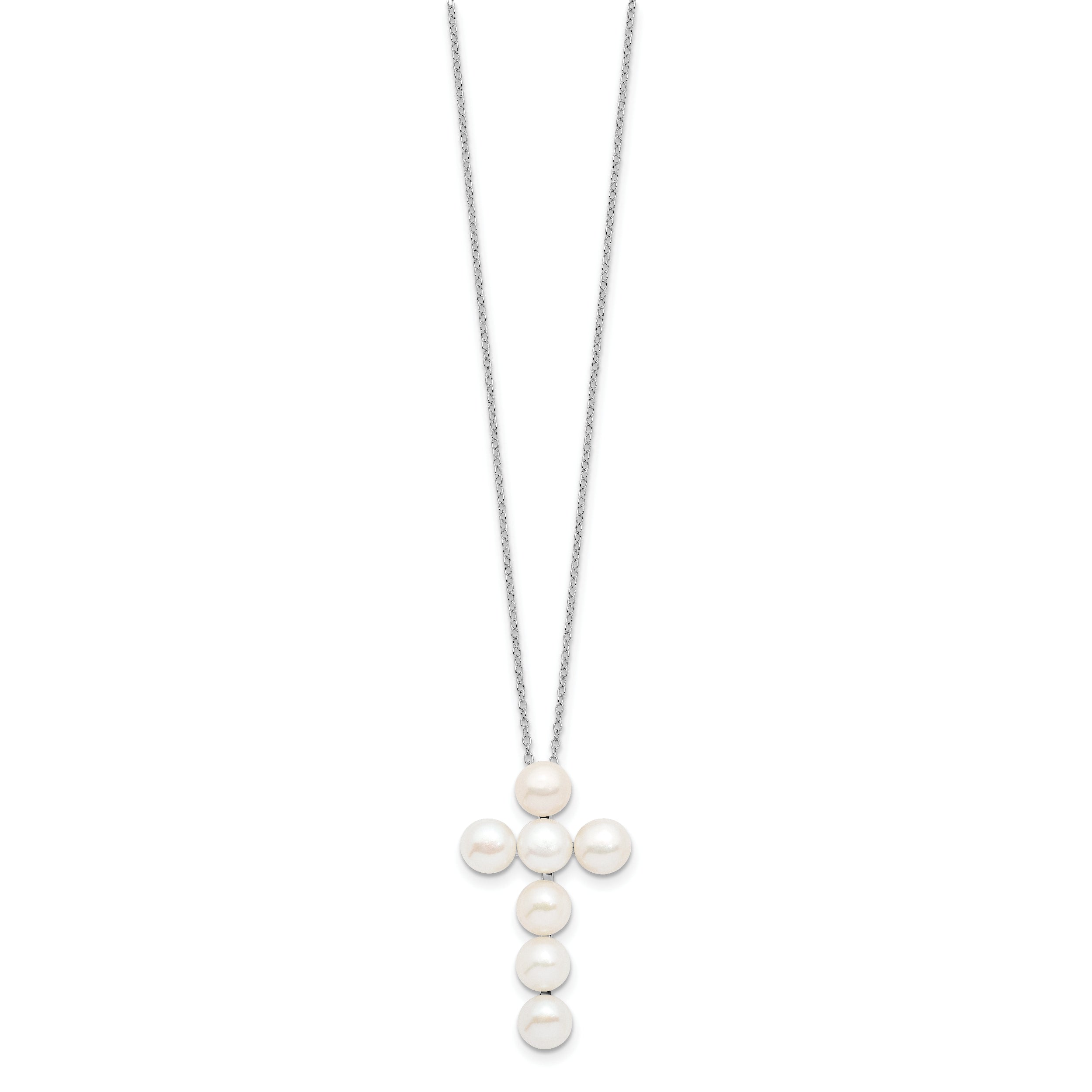 Sterling Silver Rhodium-plated 6-7mm White Button Freshwater Cultured Pearl Cross 17 inch Necklace