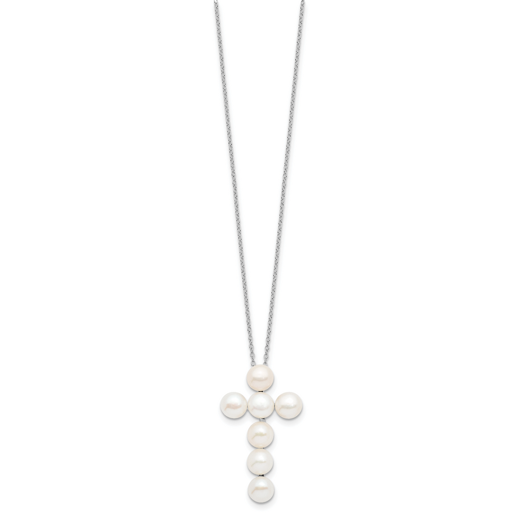 Sterling Silver Rhodium-plated 6-7mm White Button Freshwater Cultured Pearl Cross 17 inch Necklace