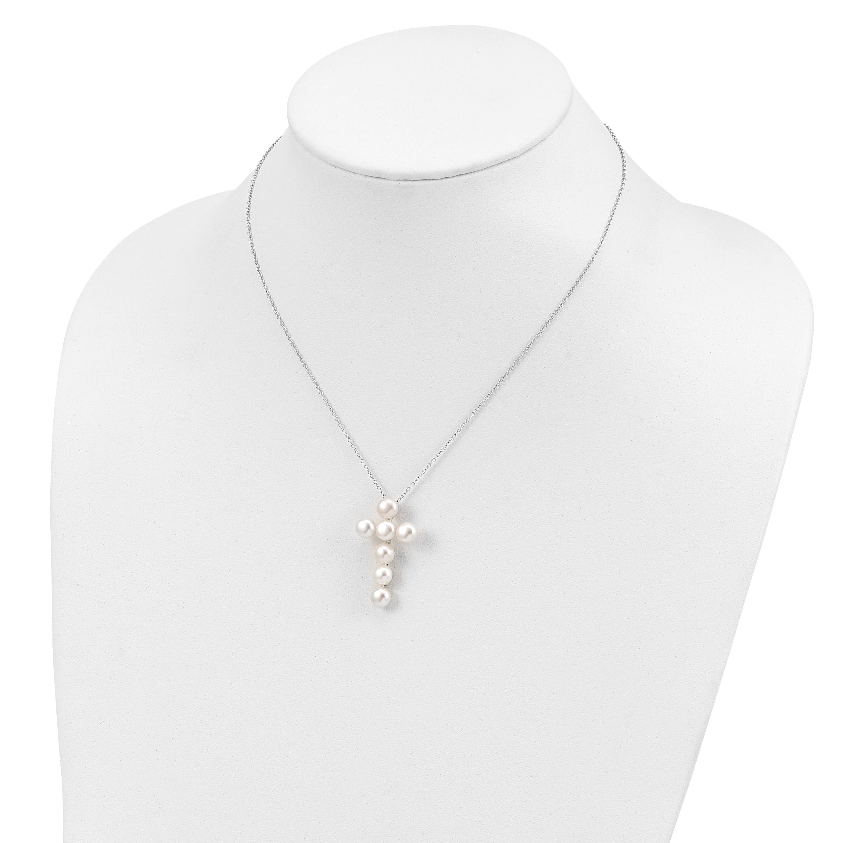 Sterling Silver Rhodium-plated 6-7mm White Button Freshwater Cultured Pearl Cross 17 inch Necklace
