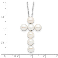 Sterling Silver Rhodium-plated 6-7mm White Button Freshwater Cultured Pearl Cross 17 inch Necklace
