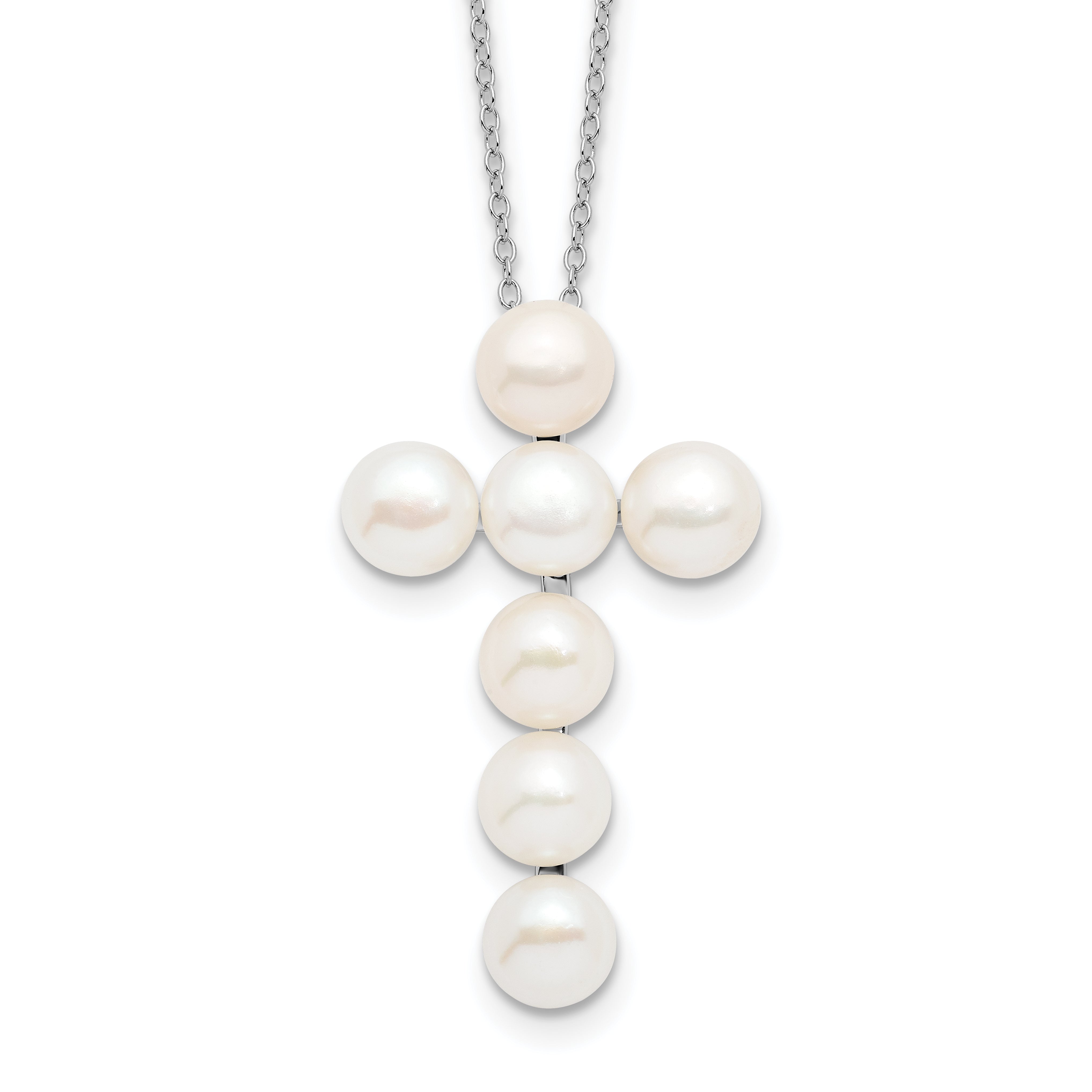 Sterling Silver Rhodium-plated 6-7mm White Button Freshwater Cultured Pearl Cross 17 inch Necklace