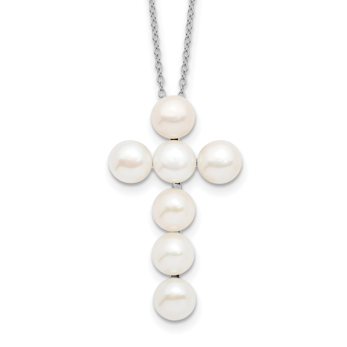Sterling Silver Rhodium-plated 6-7mm White Button Freshwater Cultured Pearl Cross 17 inch Necklace