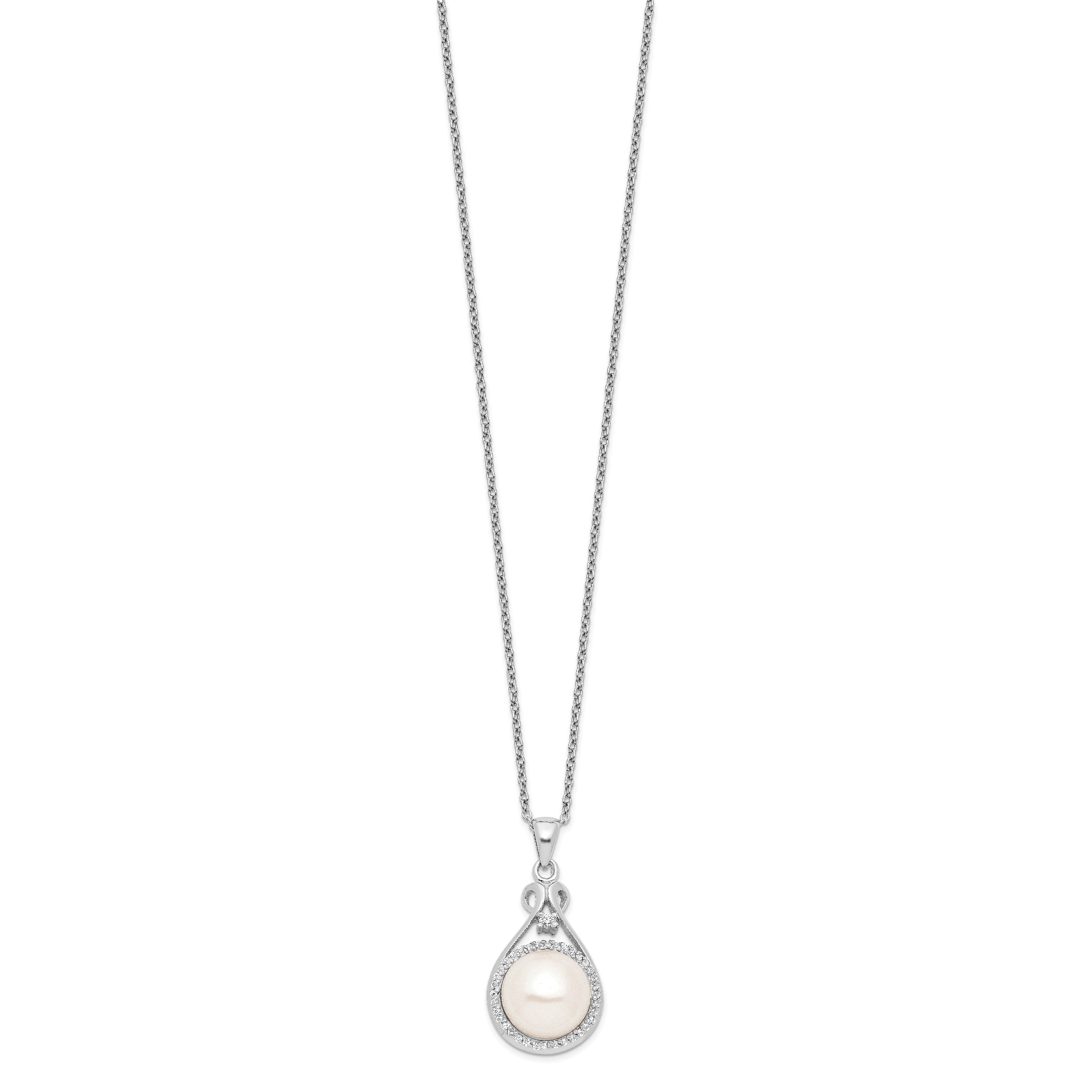 Sterling Silver Rhodium-plated 10-11mm White Button Freshwater Cultured Pearl and CZ 17 inch Necklace