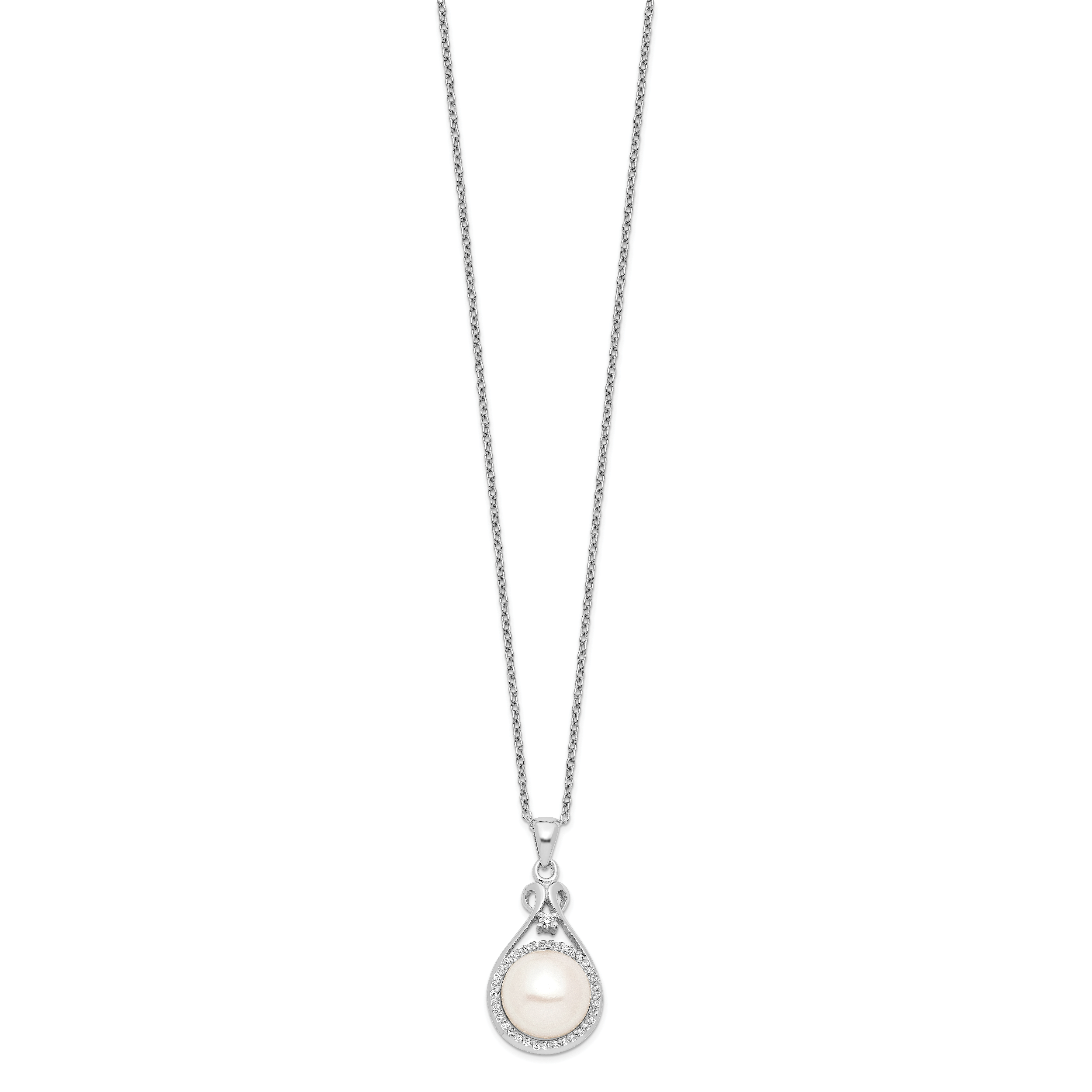 Sterling Silver Rhodium-plated 10-11mm White Button Freshwater Cultured Pearl and CZ 17 inch Necklace Secondary image