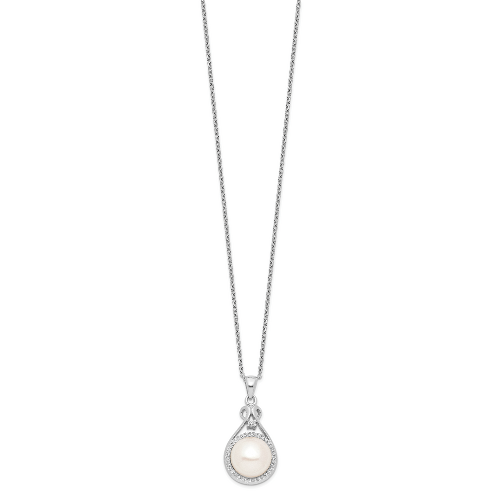 Sterling Silver Rhodium-plated 10-11mm White Button Freshwater Cultured Pearl and CZ 17 inch Necklace