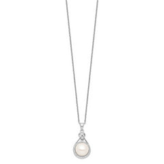 Sterling Silver Rhodium-plated 10-11mm White Button Freshwater Cultured Pearl and CZ 17 inch Necklace