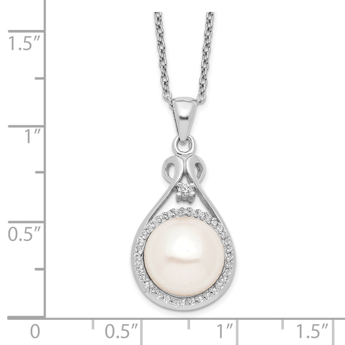 Sterling Silver Rhodium-plated 10-11mm White Button Freshwater Cultured Pearl and CZ 17 inch Necklace