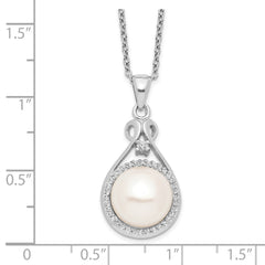 Sterling Silver Rhodium-plated 10-11mm White Button Freshwater Cultured Pearl and CZ 17 inch Necklace