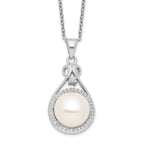 Sterling Silver Rhodium-plated 10-11mm White Button Freshwater Cultured Pearl and CZ 17 inch Necklace
