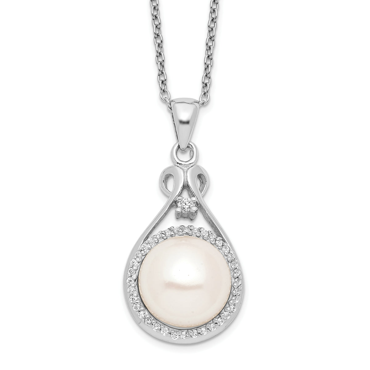 Sterling Silver Rhodium-plated 10-11mm White Button Freshwater Cultured Pearl and CZ 17 inch Necklace