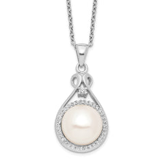 Sterling Silver Rhodium-plated 10-11mm White Button Freshwater Cultured Pearl and CZ 17 inch Necklace