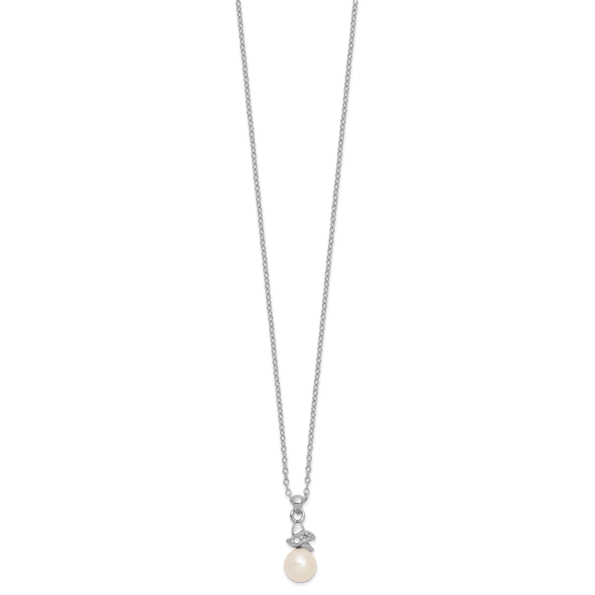 Sterling Silver Rhodium-plated 6-7mm White Button Freshwater Cultured Pearl and CZ 17 inch Necklace
