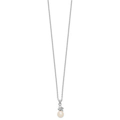 Sterling Silver Rhodium-plated 6-7mm White Button Freshwater Cultured Pearl and CZ 17 inch Necklace