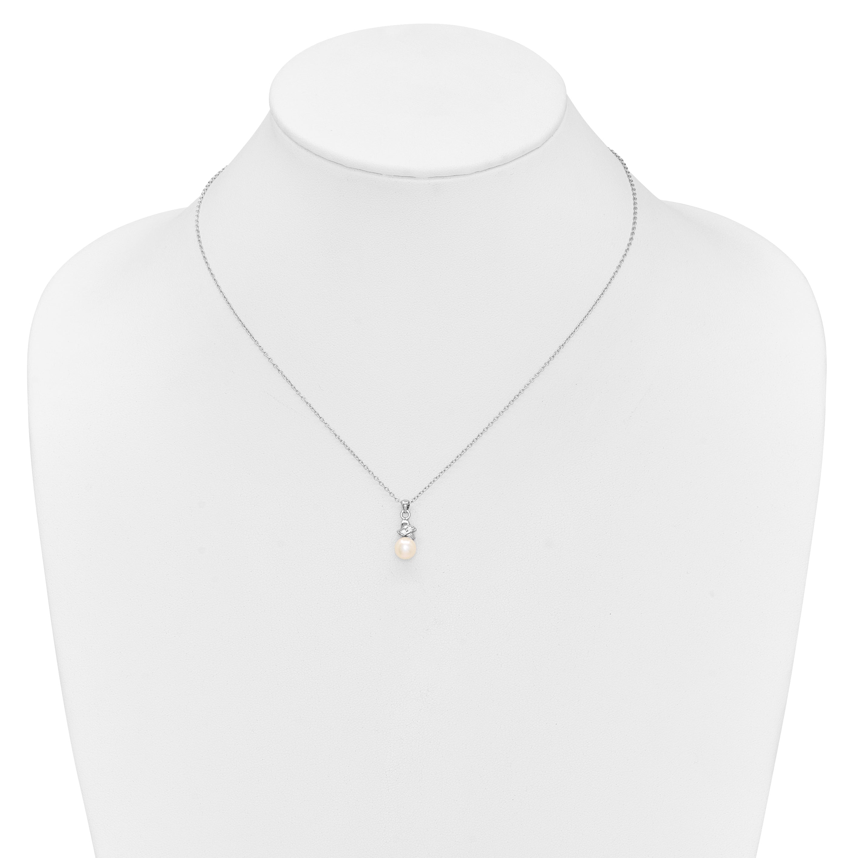 Sterling Silver Rhodium-plated 6-7mm White Button Freshwater Cultured Pearl and CZ 17 inch Necklace