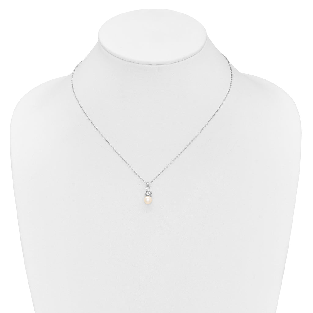 Sterling Silver Rhodium-plated 6-7mm White Button Freshwater Cultured Pearl and CZ 17 inch Necklace